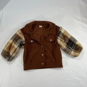 SHEIN Baby Boy Girl Brown Corduroy Jacket Plaid Faux Fur Sleeves 9-12 Months